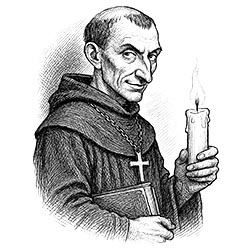 Ein etwa 40-jähriger Benediktinerprior mit kurzer Tonsur, hagerem Körperbau und krummer Nase. Er hat graue Augen, einen scharfen Blick und einen ironischen Zug um den Mund. Um den Hals trägt er ein Kreuz, in der abgewandten Hand hält er eine Kerze.