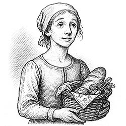 Eine etwa 22-jährige Magd aus dem 14. Jahrhundert mit magerer Statur und blonden Strähnen unter einer Haube. Sie trägt die Kleidung einer Bediensteten und hält einen Weidenkorb mit Brot und Gemüse an den Körper gepresst. Ihr Gesichtsausdruck ist gutgläubig und naiv.