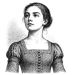 Portrait von Isabella Falk in Tuschezeichnung, eine junge Frau mit selbstbewusstem Blick, straff nach hinten zu einem Dutt gekämmten Haaren. Sie trägt eine mittelalterlicher Tunika.