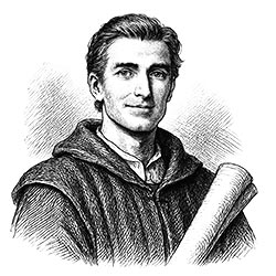 Leonhard Stadler in einer Tuschezeichnung, ein junger Mann mit einer fein gearbeiteten Heuke und einem gefältelten Hemd, hält eine Pergamentrolle im Arm.