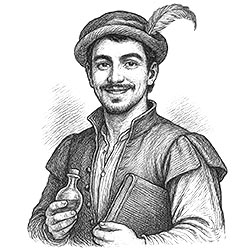 Ein etwa 28-jähriger Medicus des 14. Jahrhunderts mit fröhlichem Gesichtsausdruck, dunklen Haaren und Augen, einer markanten Kinnpartie und einem kleinen Bart. Er trägt eine modische Schecke, ein helles Hemd und eine zeittypische Kopfbedeckung mit Feder. In einer Hand hält er eine Phiole, unter dem Arm ein medizinisches Manuskript.